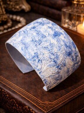 Vintage 80s Wide Floral Embossed Cuff Bracelet Blue Wash Metal Statement